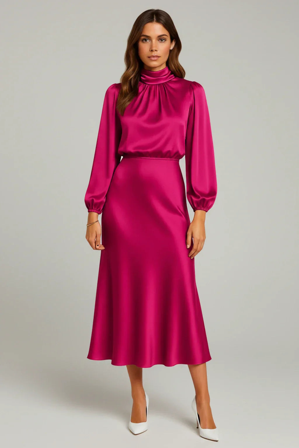 Alma | Women's Satin Midi Dress Long Sleeve Cream
