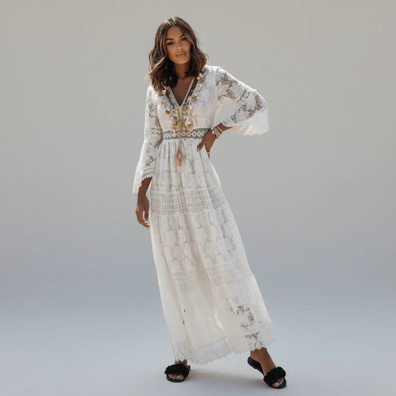 Luisa | Women's Long Sleeve Lace Maxi Dress Cream