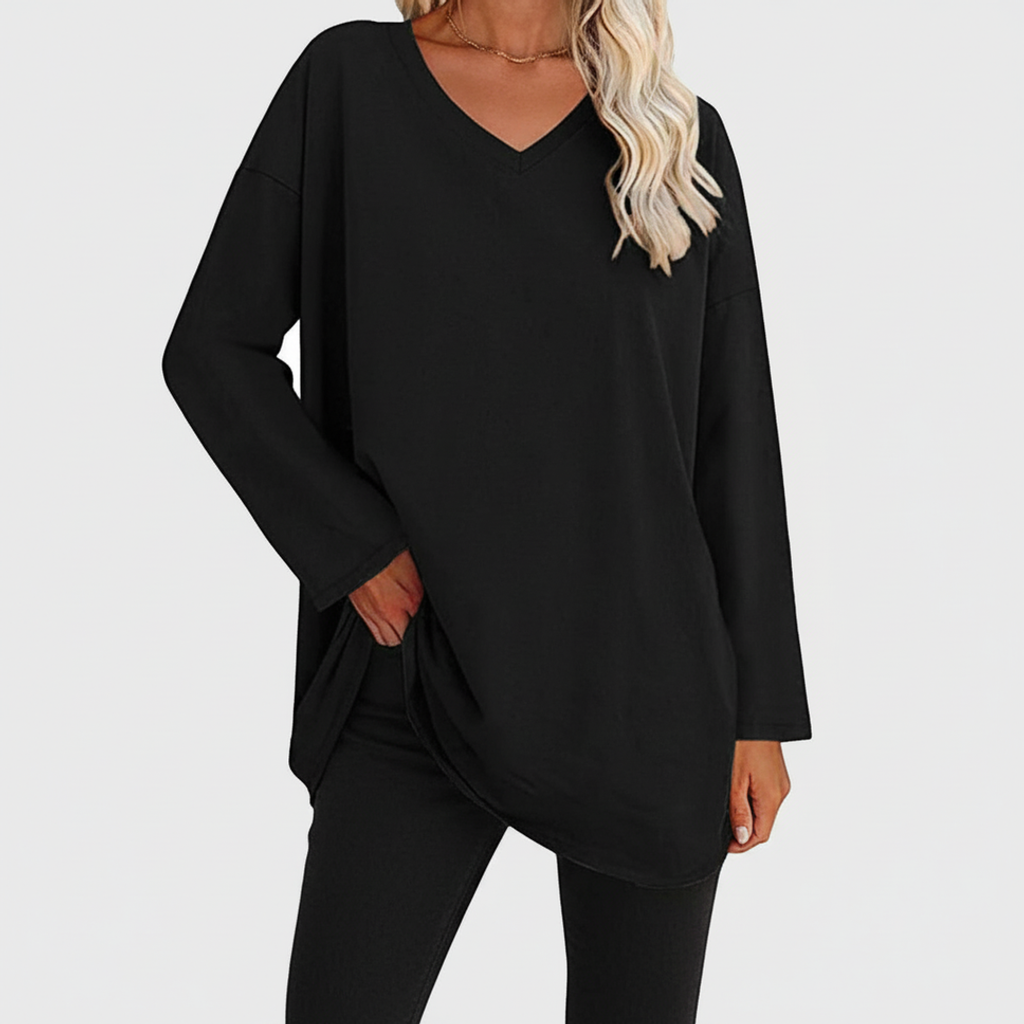 Dama Washington Liv women's long sleeve tunic top black v neck - front view