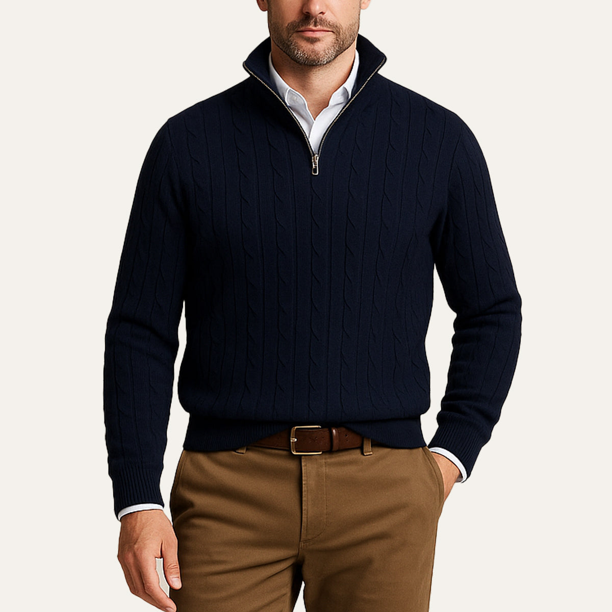 Voss | Men's Cable Knit Quarter Zip Sweater Navy