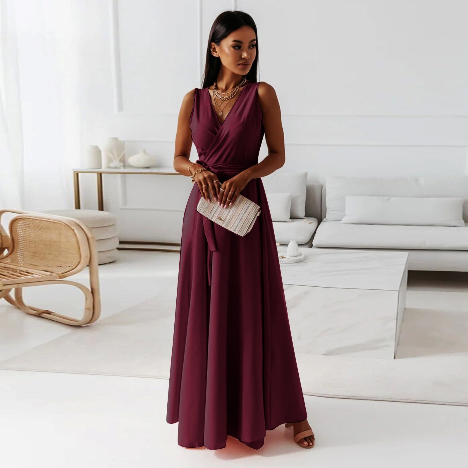 Ada | Women's Wrap Maxi Dress Pink V Neck Sleeveless