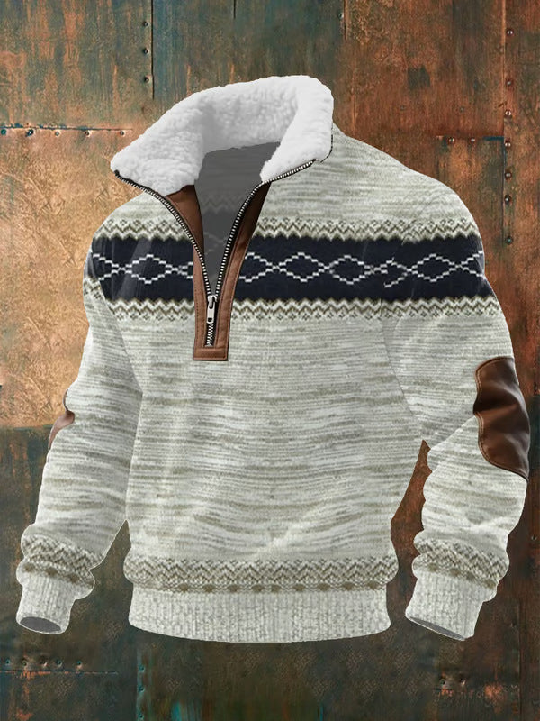 Rowan | Men's Quarter Zip Sweater Cream Sherpa Collar Geometric Pattern