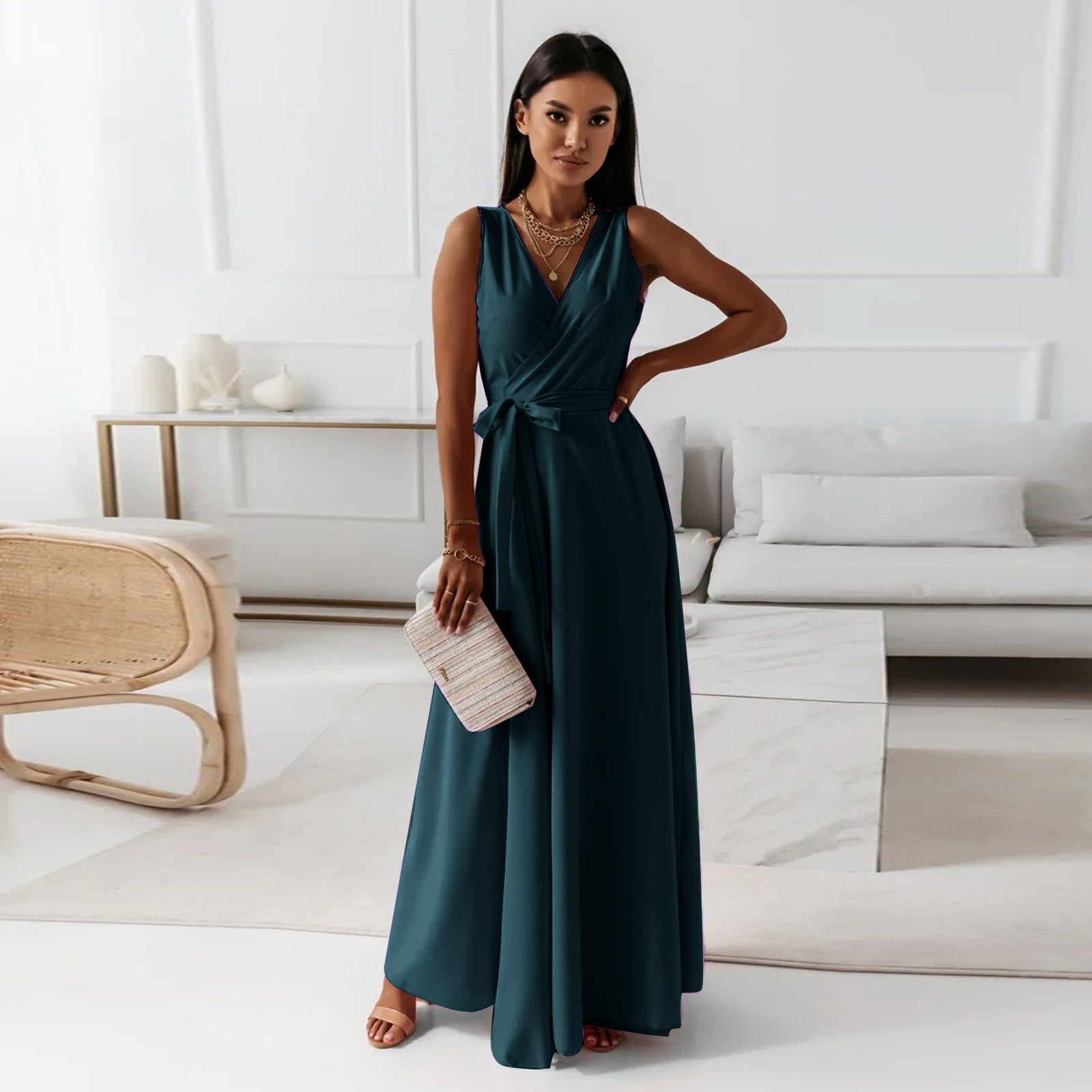 Ada | Women's Wrap Maxi Dress Pink V Neck Sleeveless