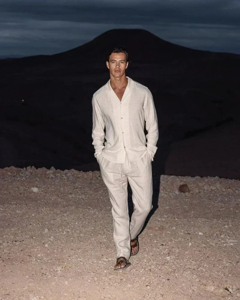 Freya | Men's Linen Pajama Set Cream Long Sleeve Button Up