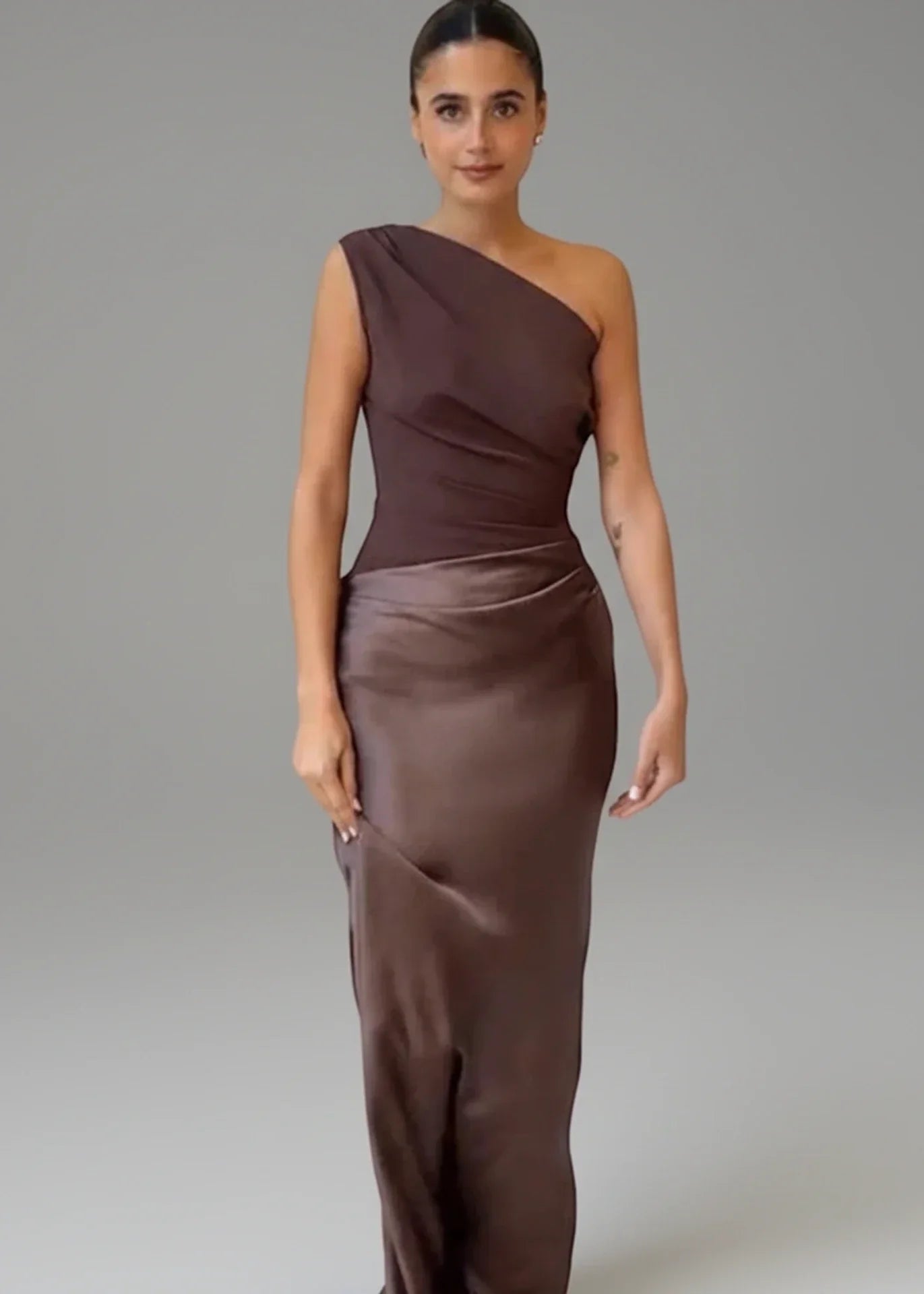 Lola | Women's One Shoulder Satin Maxi Dress Brown