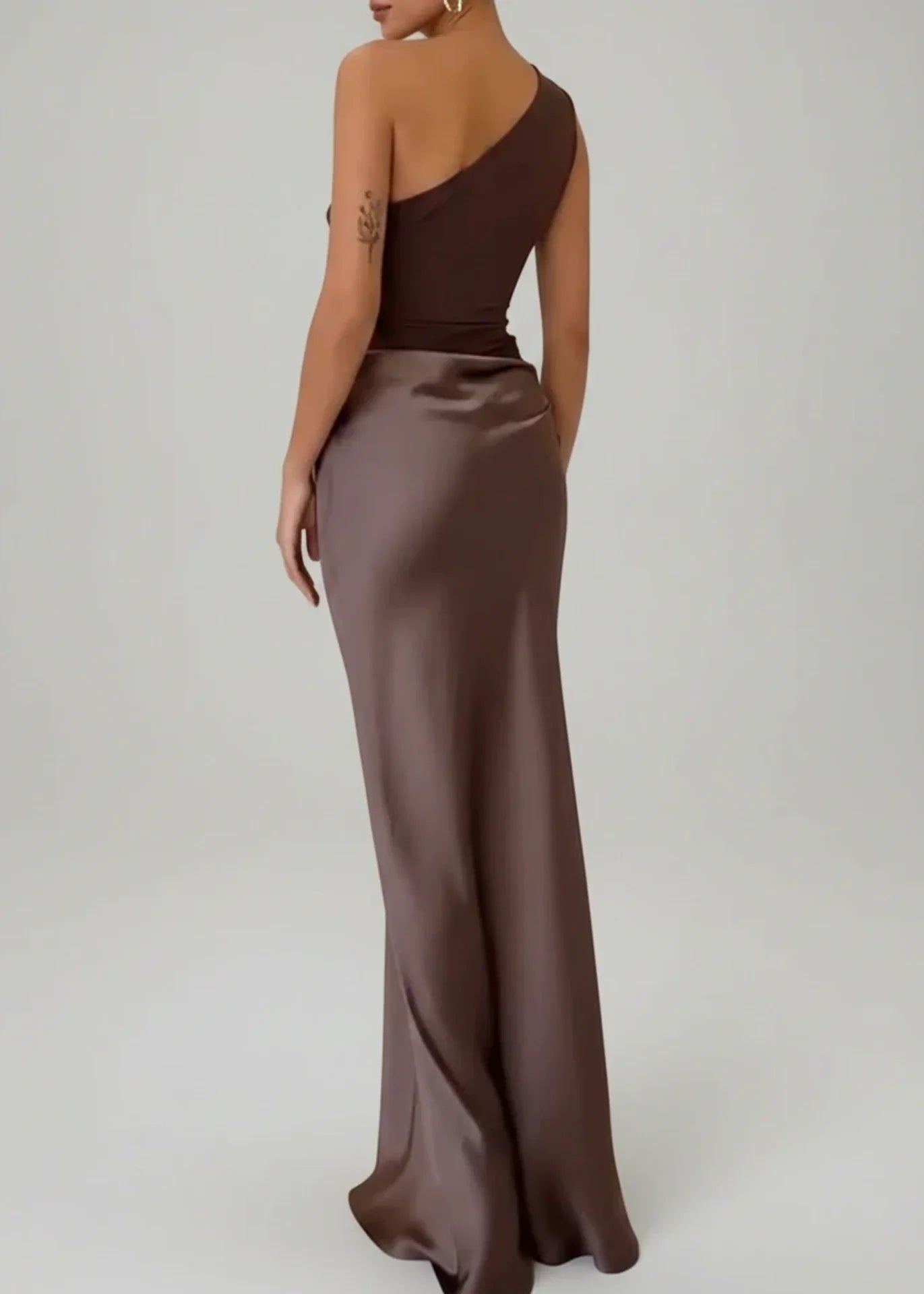 Lola | Women's One Shoulder Satin Maxi Dress Brown