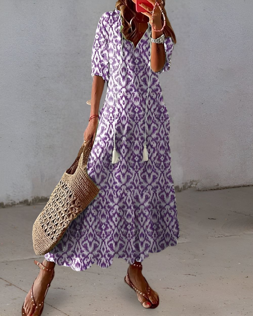 Nina | Women's Boho Ikat Maxi Dress Blue White