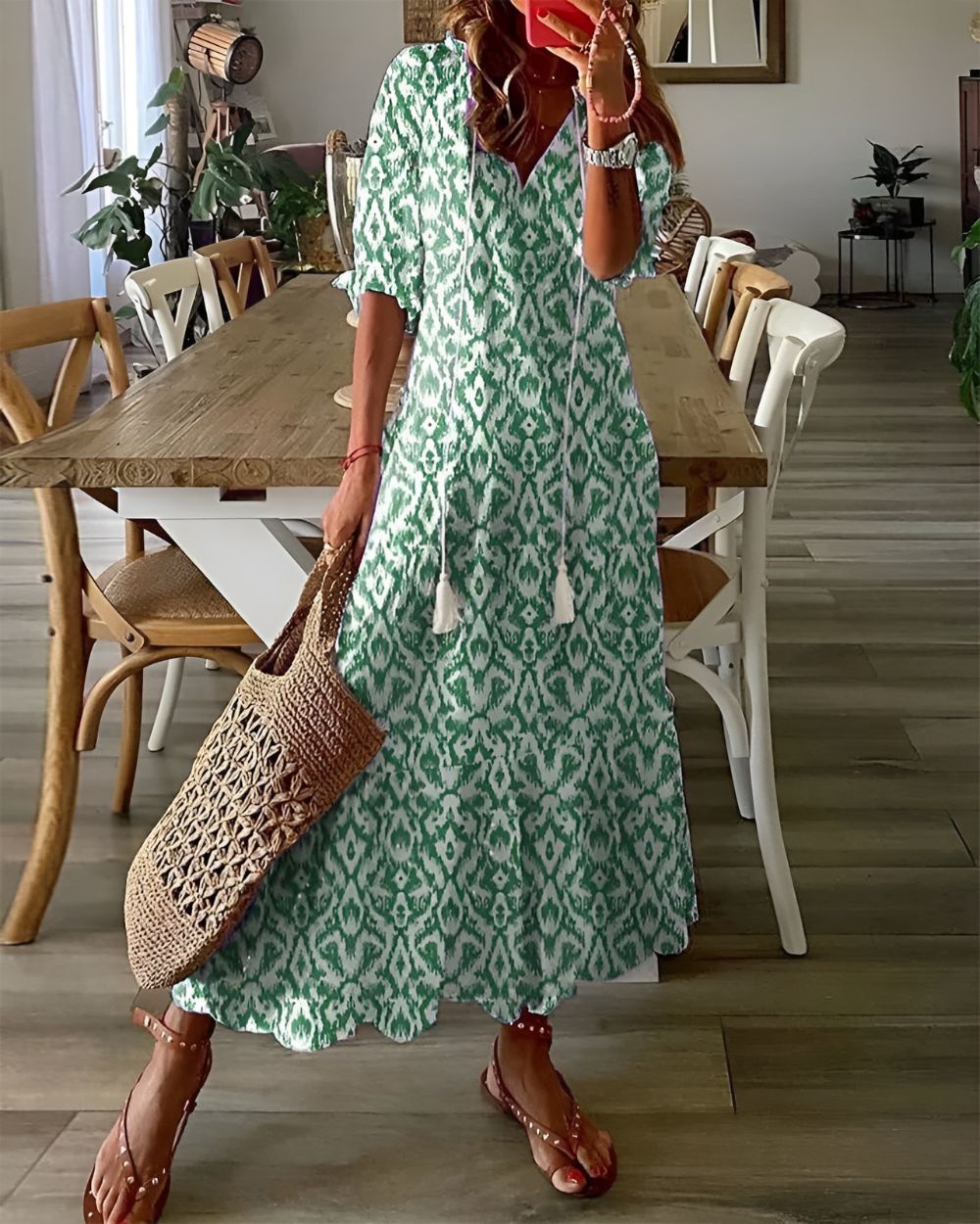 Nina | Women's Boho Ikat Maxi Dress Blue White