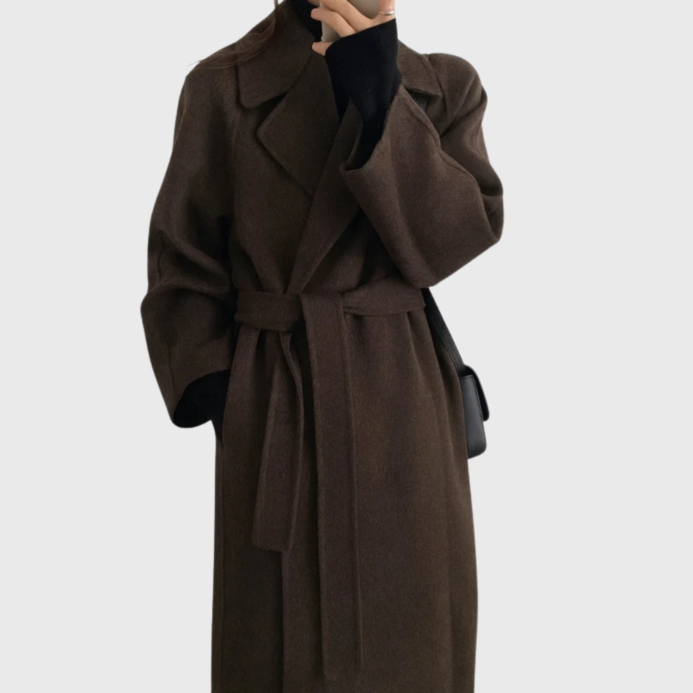 Lena | Women's Wool Coat Brown Belted Long Sleeve