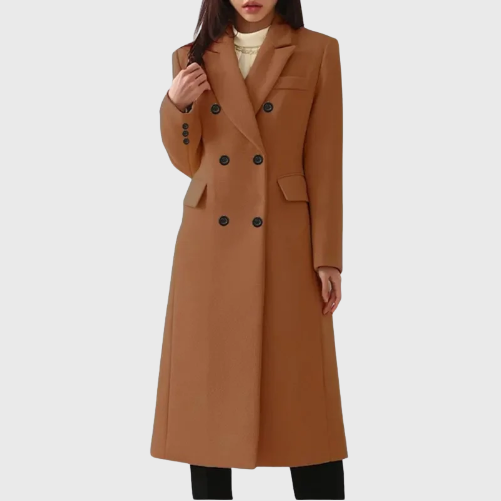 Ines | Women's Double Breasted Wool Coat Camel Long