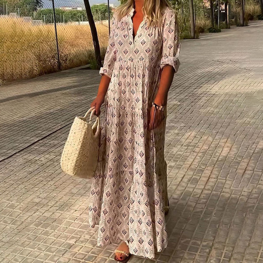 Liv | Women's Boho Maxi Dress Light Blue Leaf Print