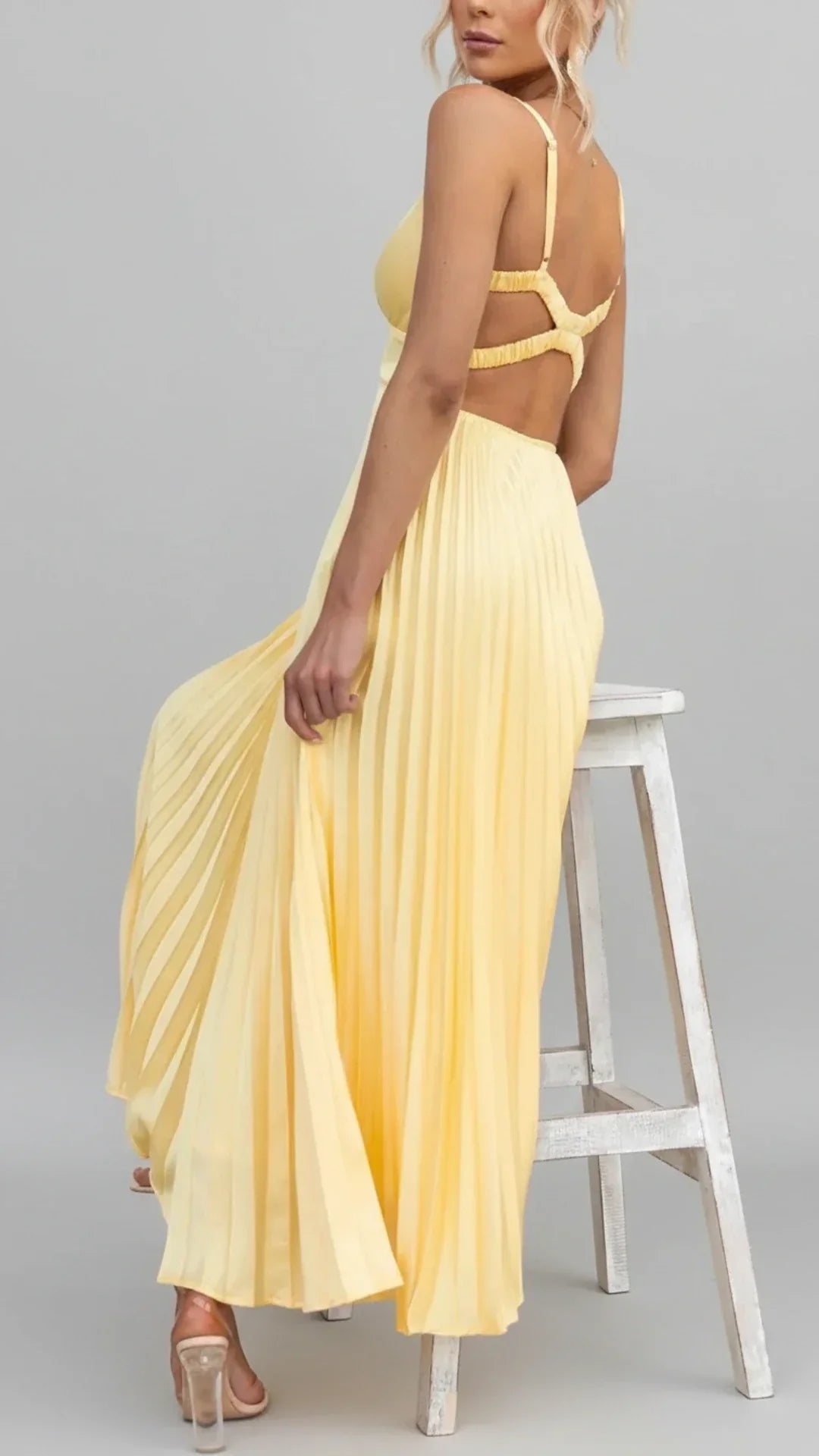 Edie | Women's Pleated Maxi Dress Yellow V Neck