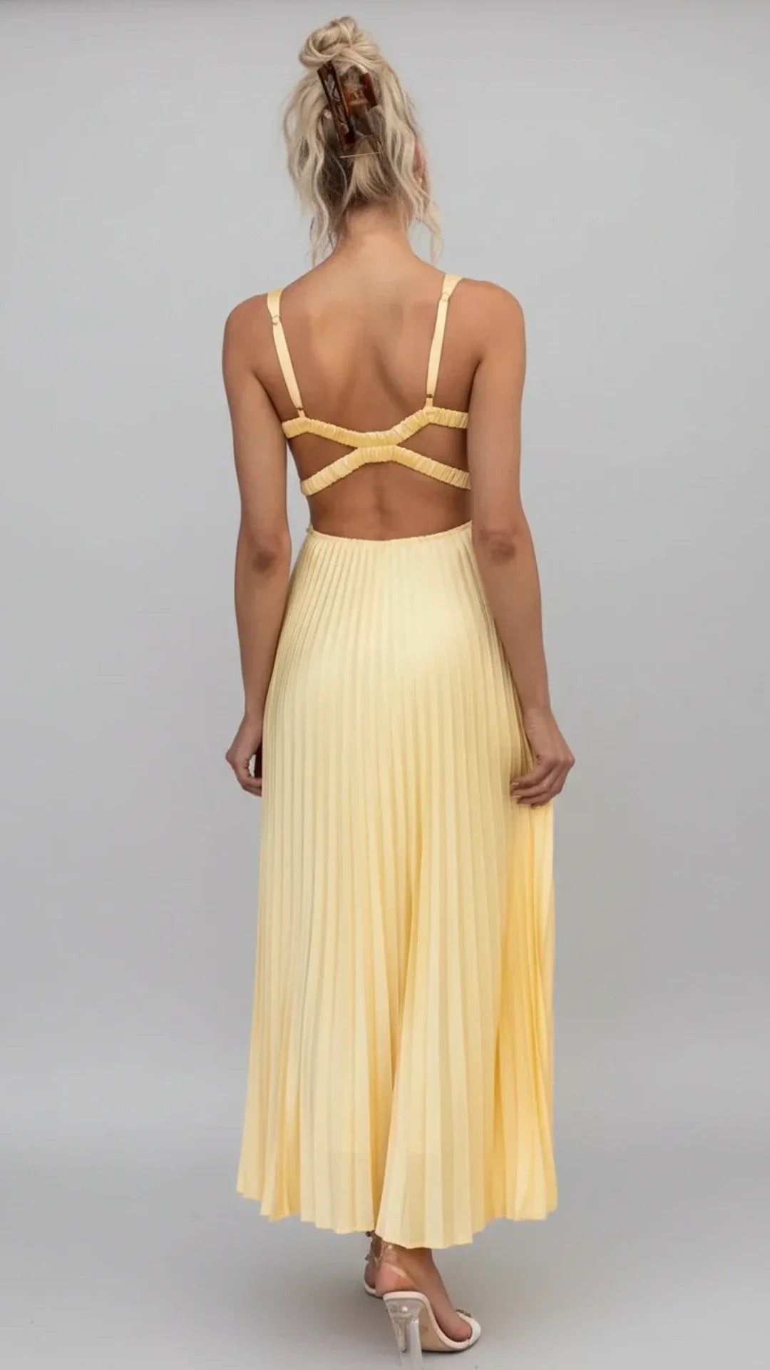 Edie | Women's Pleated Maxi Dress Yellow V Neck