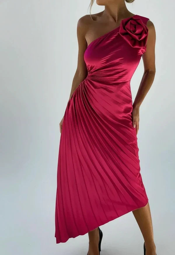 Margot | Women's One Shoulder Satin Midi Dress Burgundy Ruched