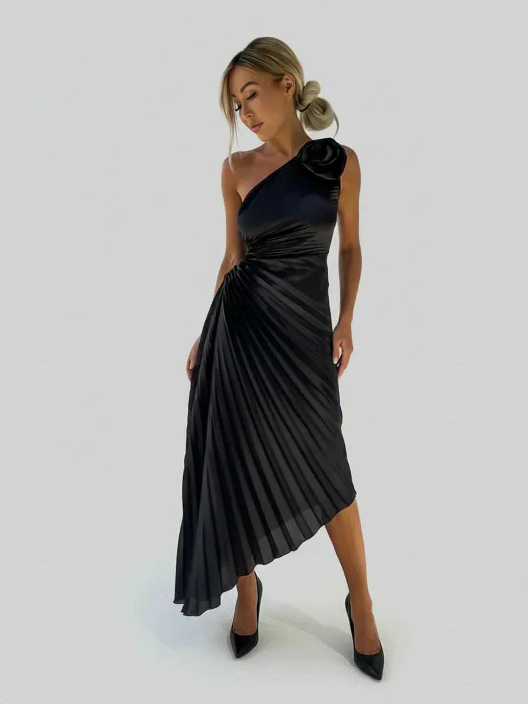 Margot | Women's One Shoulder Satin Midi Dress Burgundy Ruched