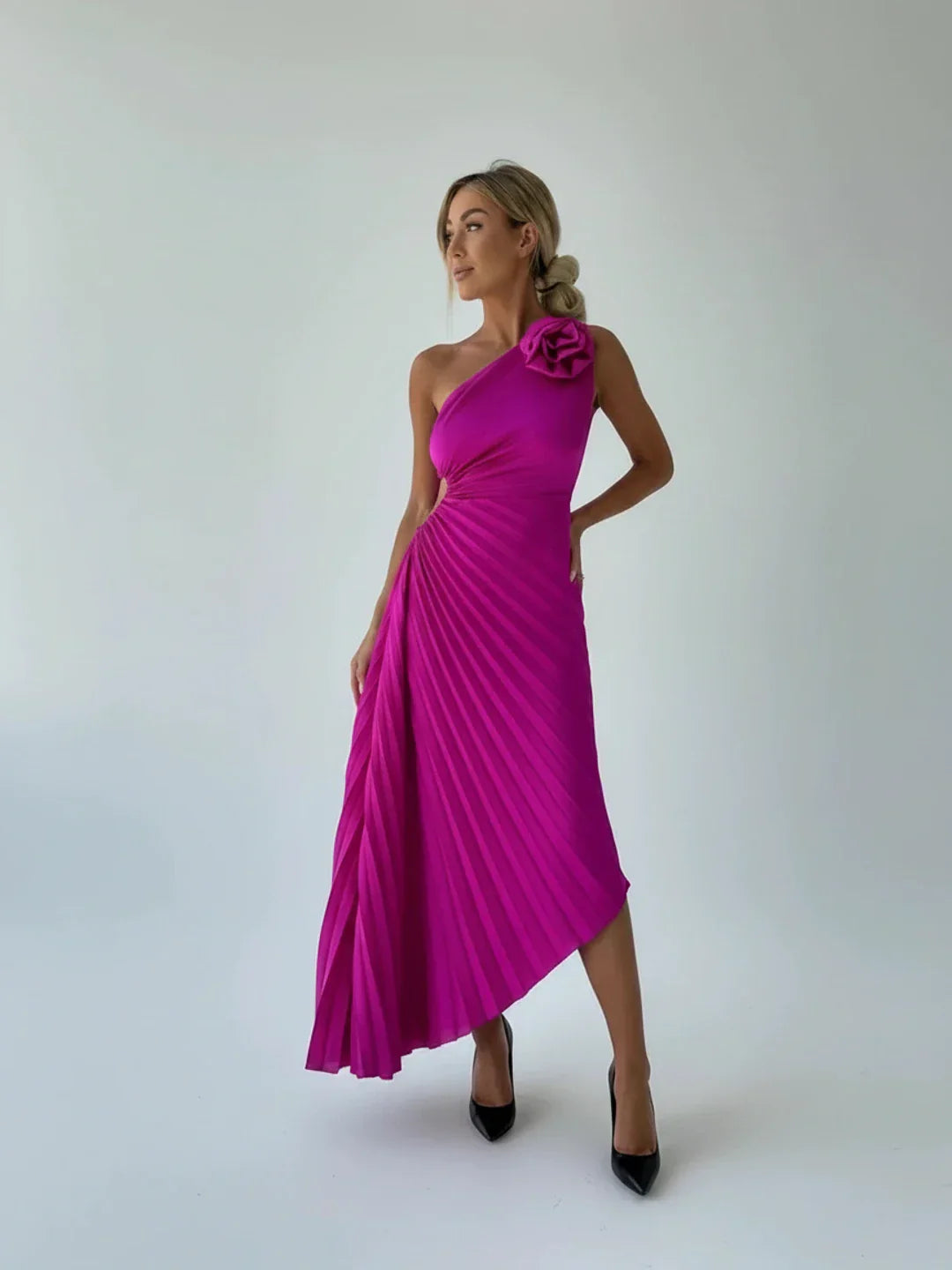 Margot | Women's One Shoulder Satin Midi Dress Burgundy Ruched