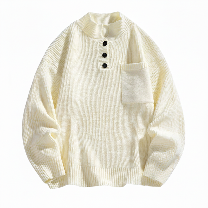 Milo | Men's Casual Henley Sweater Cream Chest Pocket