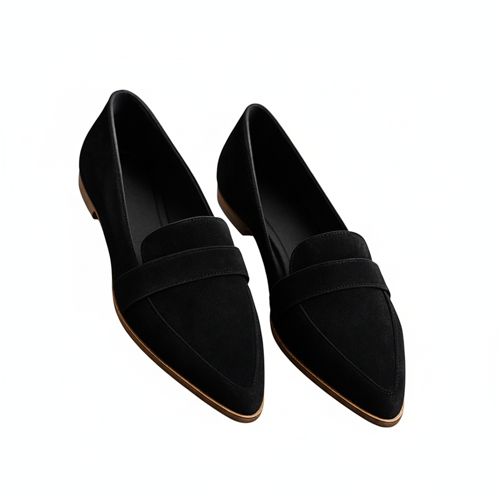 Dama Washington Lola women's pointed toe loafer slip on black suede - front view