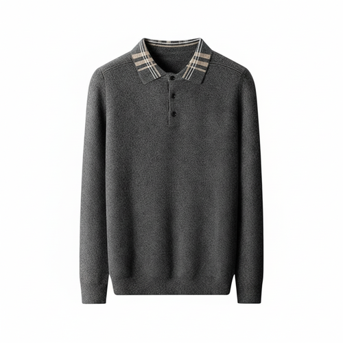 Dama Washington Axel men's polo collar sweater gray stripe trim - front view