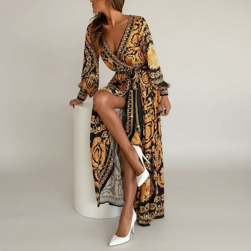 Lola | Women's Wrap Maxi Dress Gold Black Baroque Print