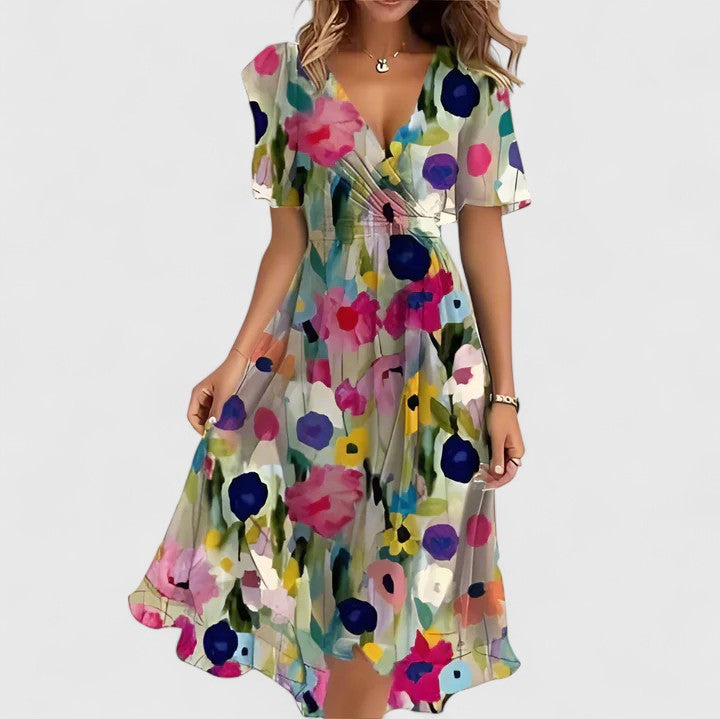 Rue | Women's Floral Midi Dress Short Sleeve Pink