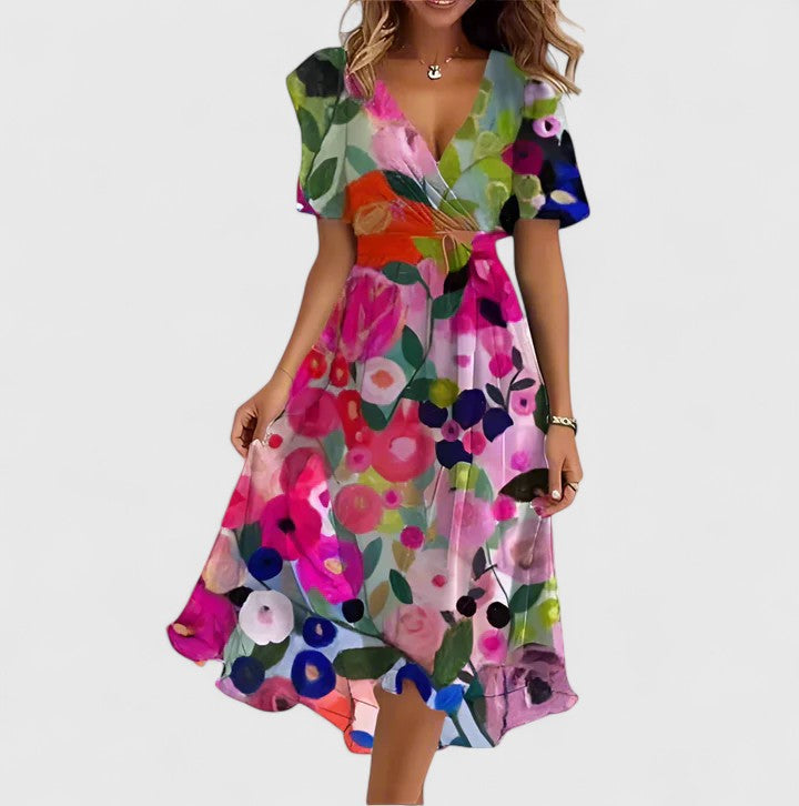 Rue | Women's Floral Midi Dress Short Sleeve Pink