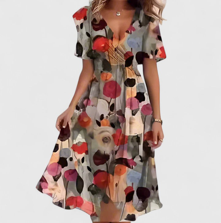 Rue | Women's Floral Midi Dress Short Sleeve Pink