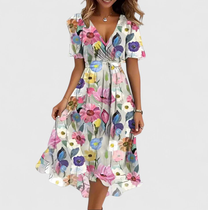 Rue | Women's Floral Midi Dress Short Sleeve Pink