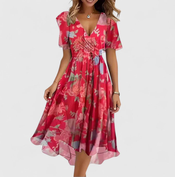 Rue | Women's Floral Midi Dress Short Sleeve Pink