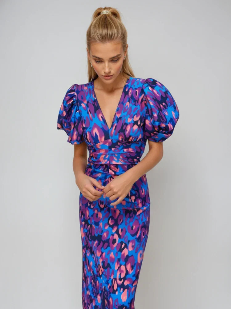 Rosa | Women's Leopard Print Puff Sleeve Midi Dress