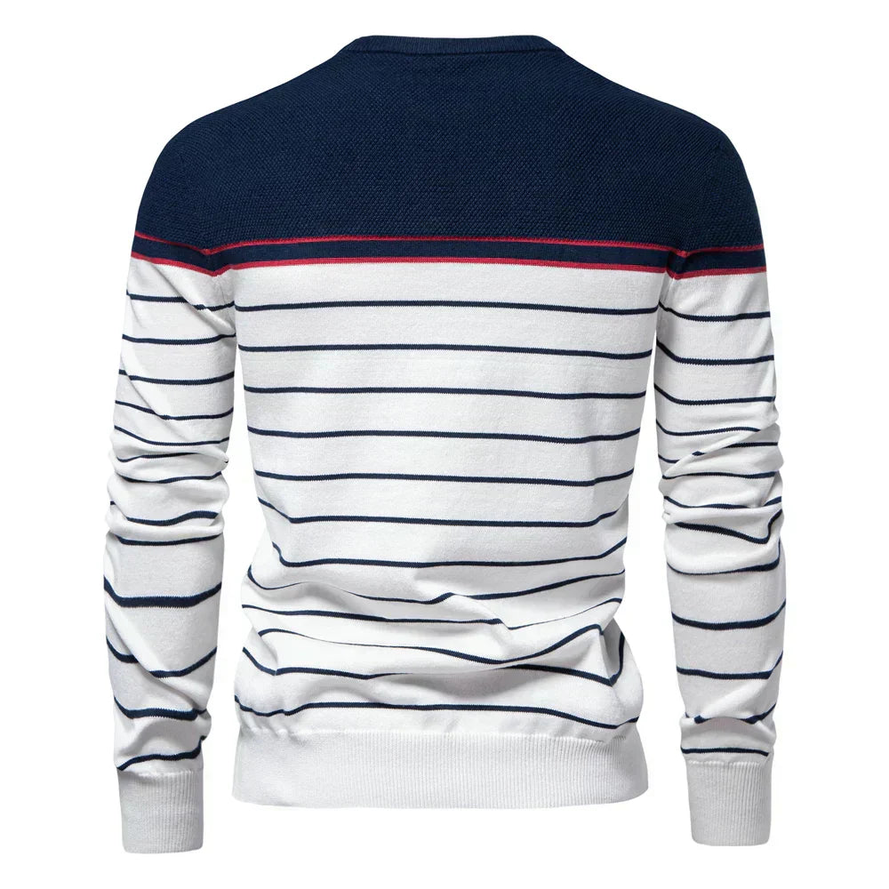 Axel | Men's Striped Crew Neck Sweater Navy Cream Red