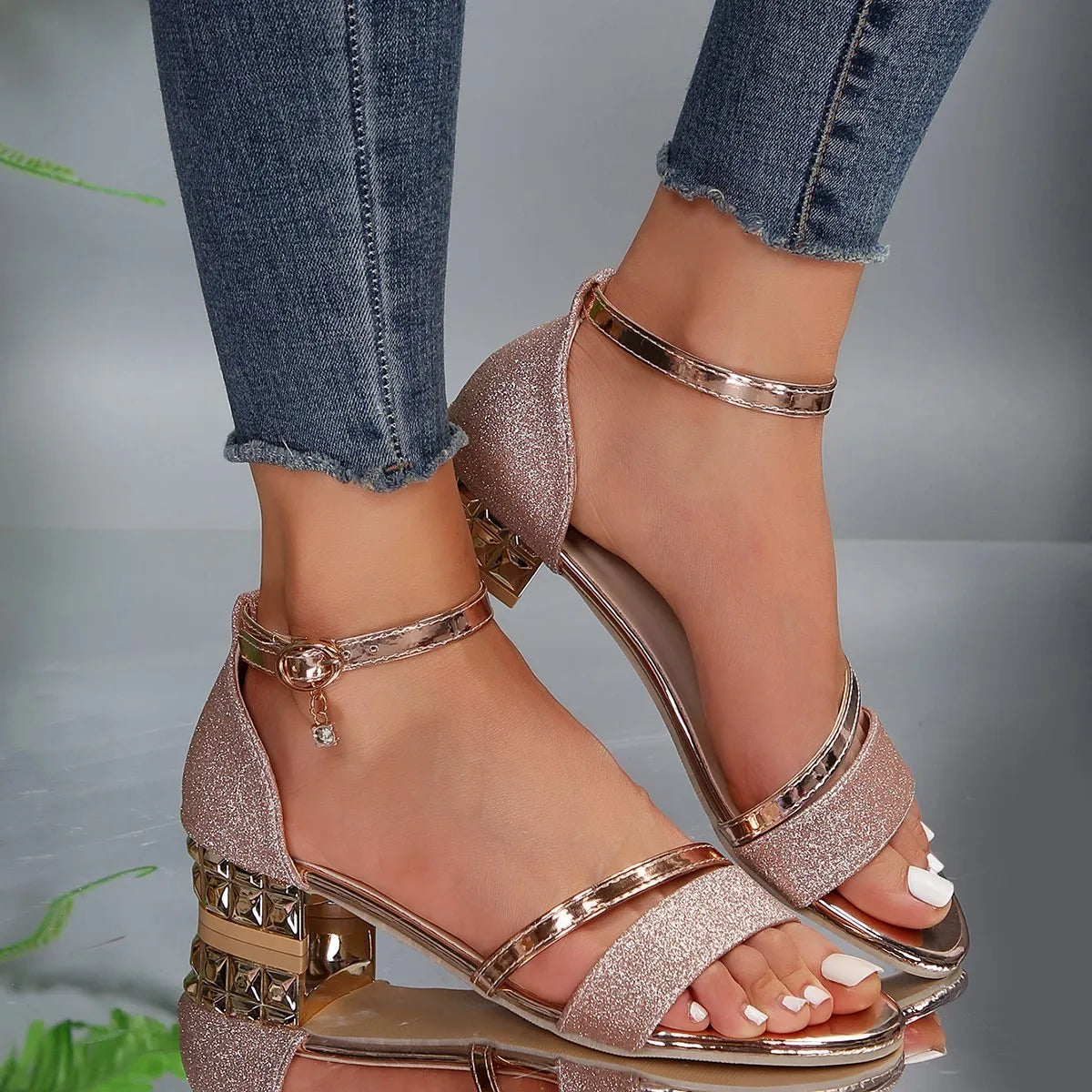 Nola | Women's Ankle Strap Sandals Black Gold Chunky Heel
