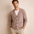 Dama Washington Jude men's cashmere cardigan taupe v neck button front - front view