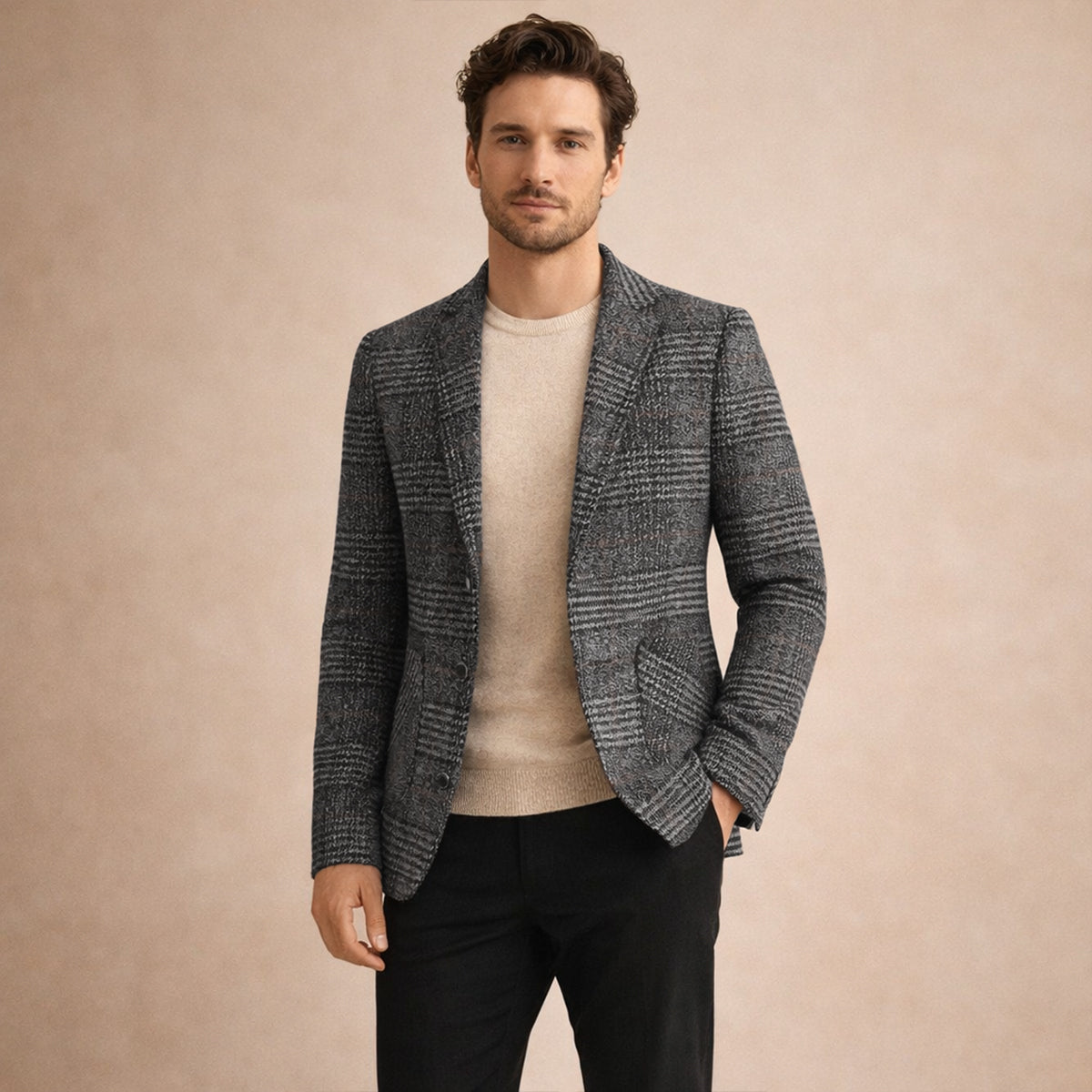 Beau | Men's Check Tweed Blazer Brown Houndstooth Fitted