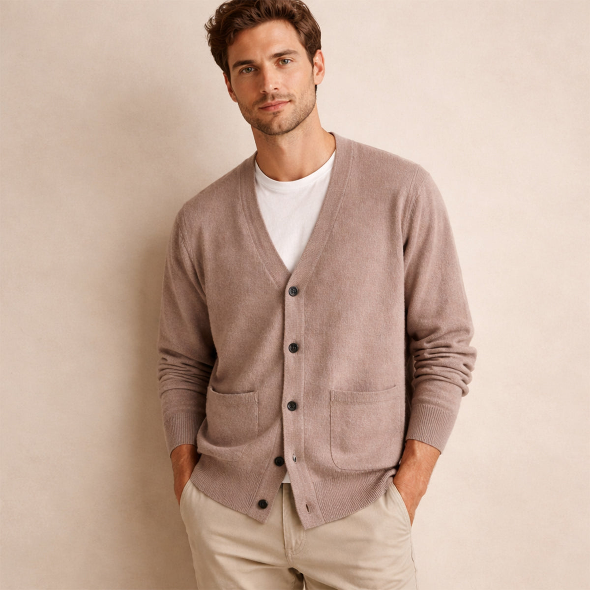 Bram | Men's Cashmere Cardigan Taupe V Neck Button Front