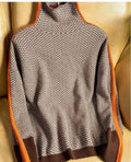 Dama Washington Maren women's herringbone knit sweater brown orange trim - front view