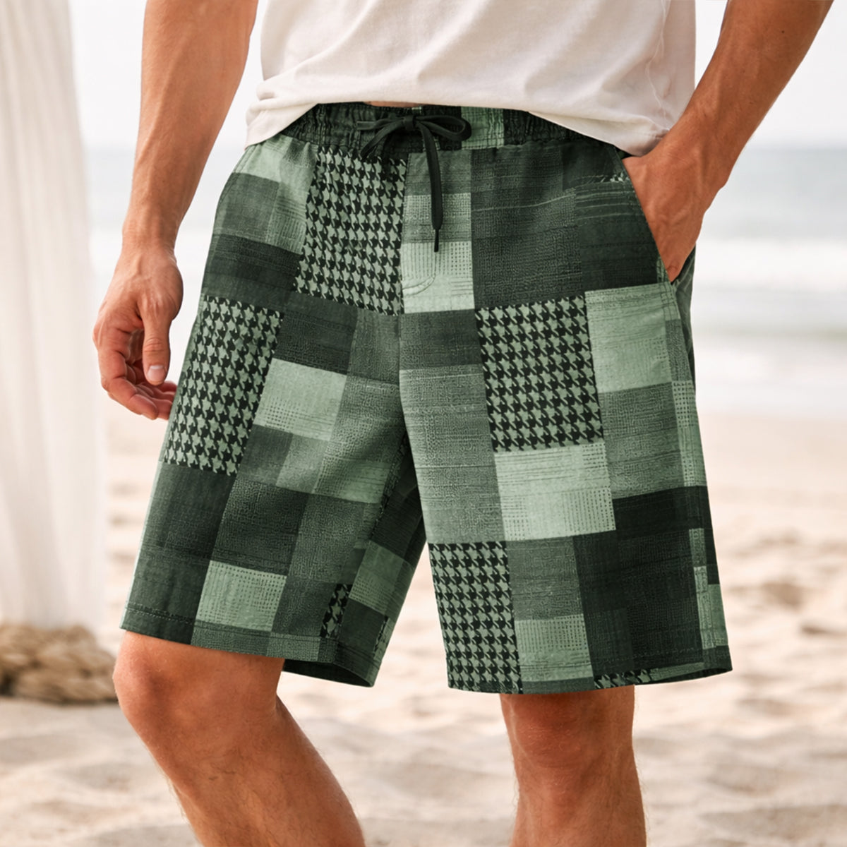 Kai | Men's Houndstooth Plaid Shorts Black White Casual