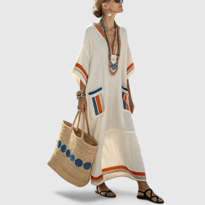 Alma | Women's Linen Maxi Dress Sage Boho Striped