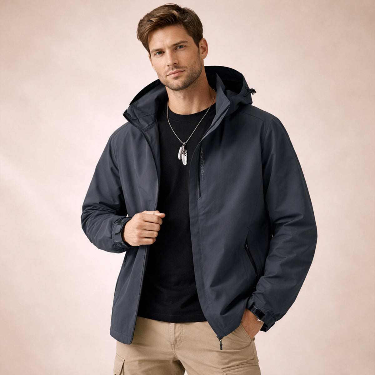 Mia | Men's Waterproof Rain Jacket Black Hooded Windproof