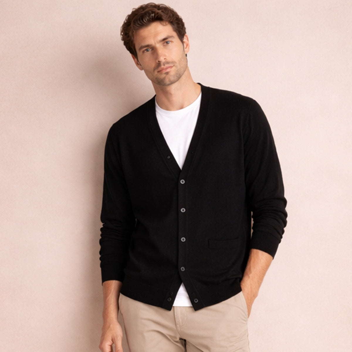 Jude | Men's Cashmere Cardigan Taupe V Neck Button Front