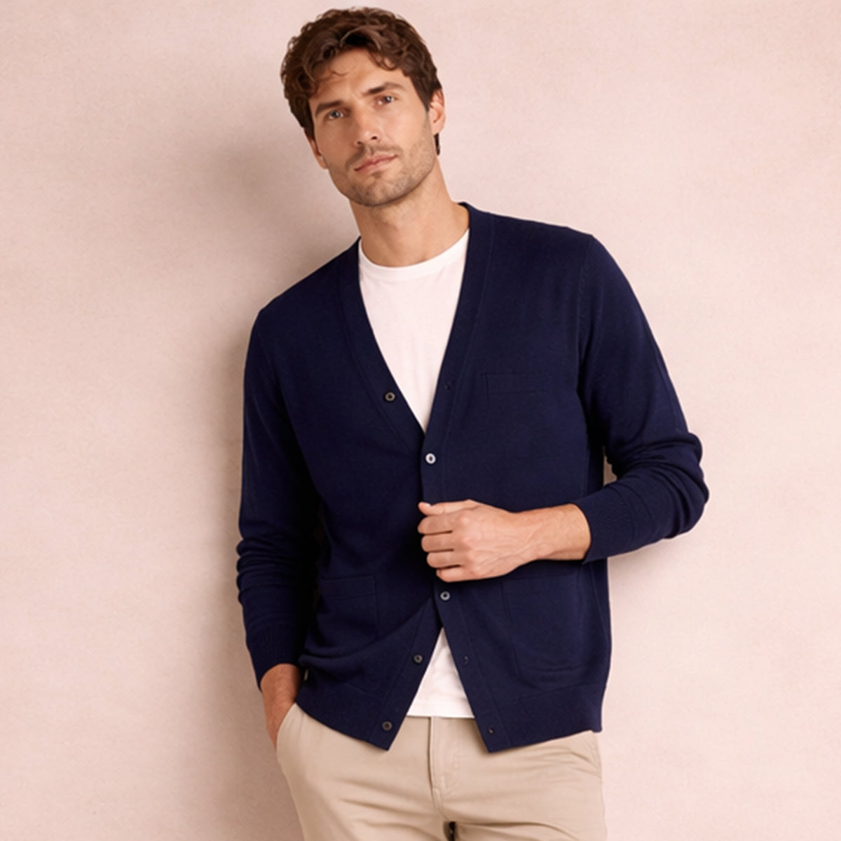Jude | Men's Cashmere Cardigan Taupe V Neck Button Front
