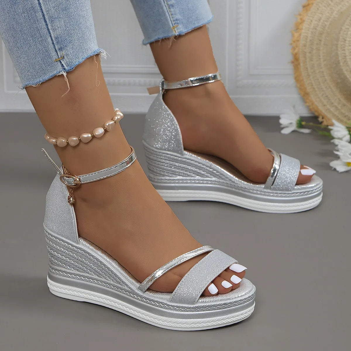Alma | Women's Glitter Wedge Sandals Ankle Strap Tan