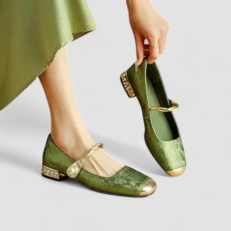 Wren | Women's Mary Jane Flat Green Velvet Gold Buckle