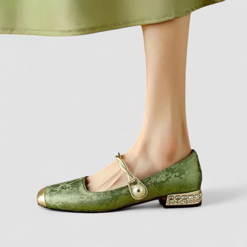 Wren | Women's Mary Jane Flat Green Velvet Gold Buckle