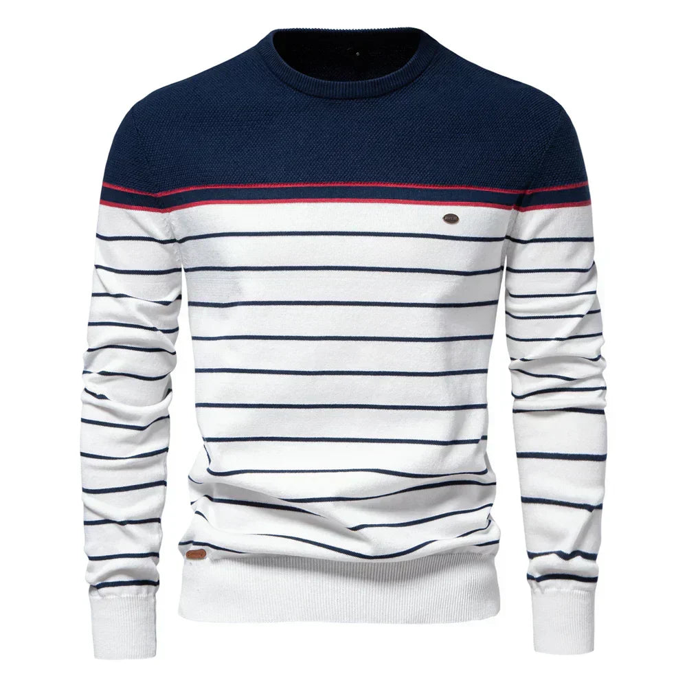Axel | Men's Striped Crew Neck Sweater Navy Cream Red