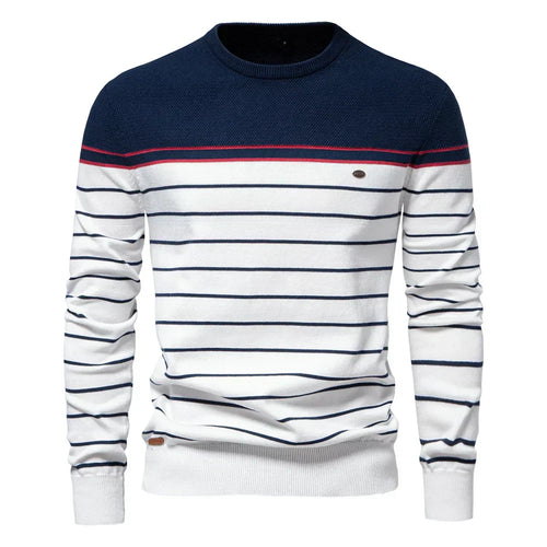 Dama Washington Axel men's striped crew neck sweater navy cream red - front view