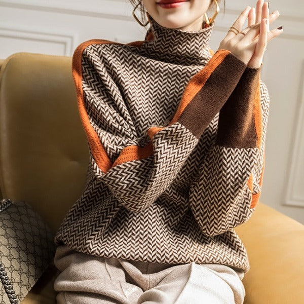Maren | Women's Herringbone Knit Sweater Brown Orange Trim