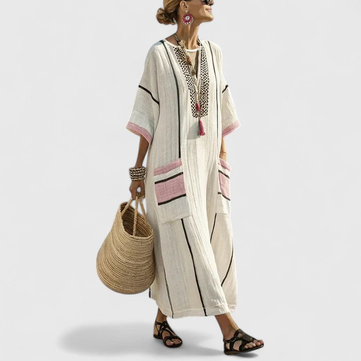 Alma | Women's Linen Maxi Dress Sage Boho Striped