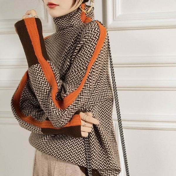 Maren | Women's Herringbone Knit Sweater Brown Orange Trim