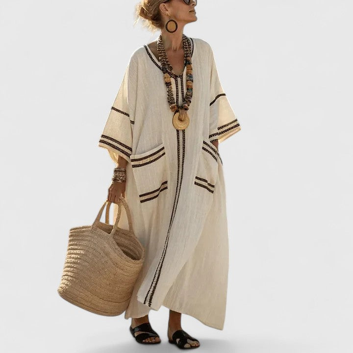Alma | Women's Linen Maxi Dress Sage Boho Striped